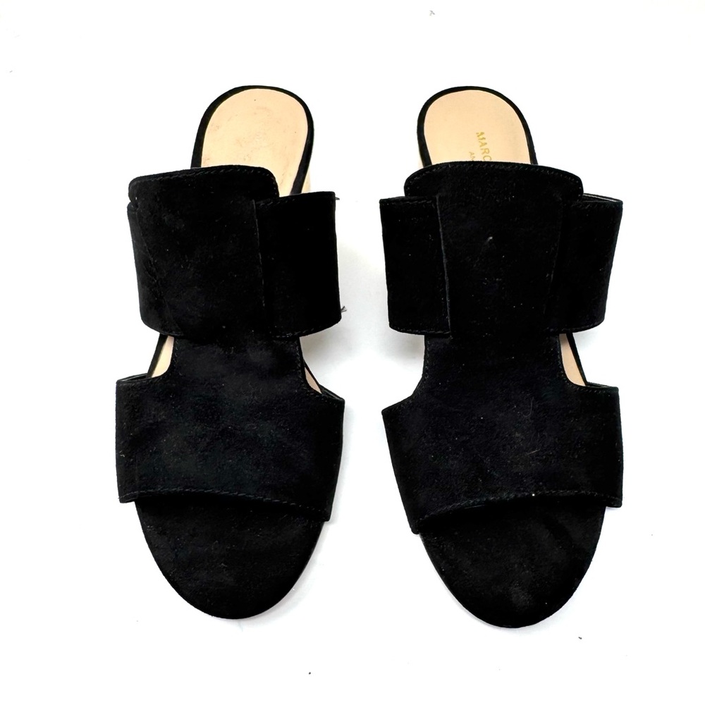 MARC NEW YORK Andrew Marc black textile slides, round gold heels, size 6